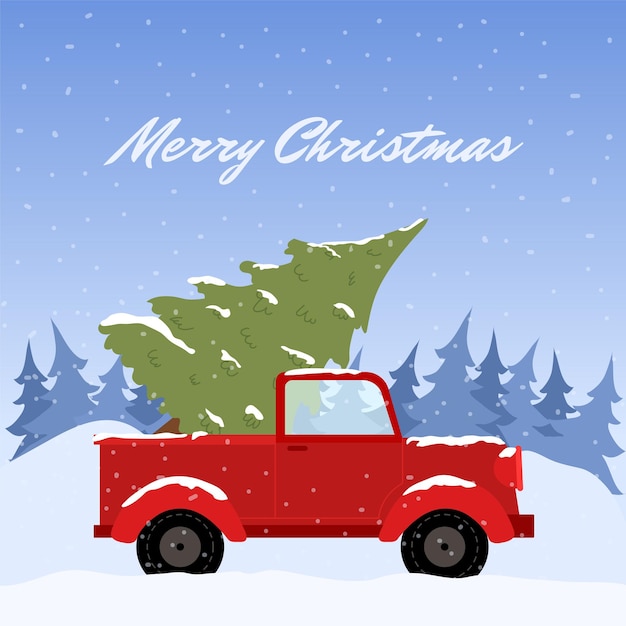 Vector merry christmas and happy new year postcard template with retro pickup truck with christmas tree.