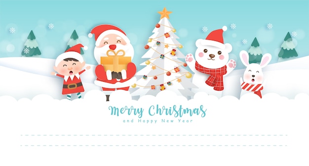 Merry christmas and happy new year postcard with cute santa and friend in the snow forest.