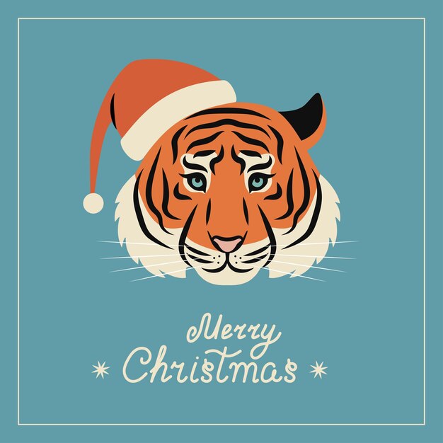 Cartolina di buon natale e felice anno nuovo con faccia di tigre in cappello di babbo natale in stile vintage