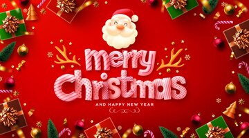 Merry christmas and happy new year poster or banner with cute santa clausgift box and element