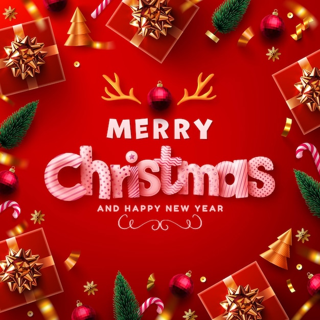 Merry christmas and happy new year poster or banner with red gift box and christmas element