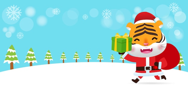 Buon natale e felice anno nuovo poster tigre del bengala con regali di natale