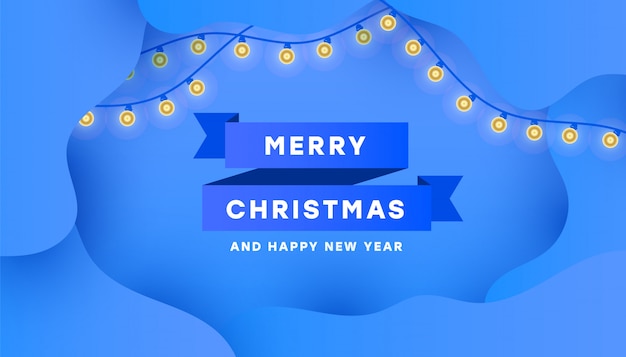 Cartolina di buon natale e felice anno nuovo con nastro blu minimo e ghirlanda