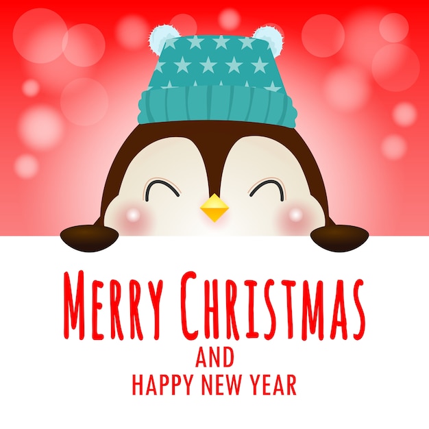 Merry Christmas and Happy new year poster, cheerful of penguin wearing christmas hats