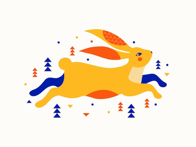 Vector merry christmas and happy new year poster or greeting card chinese zodiac rabbit symbol hare in winter forest among snowdrifts and snow lunar new year vector illustration in geometric minimalism