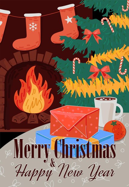 Merry christmas and happy new year poster with inscription xmas cozy holiday eve fireplace gift