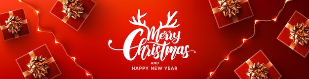 Merry Christmas & Happy New Year Promotion Poster or banner with red gift box and LED String lights