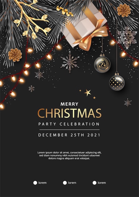 Modello di poster realistico di buon natale e felice anno nuovo con scatola regalo