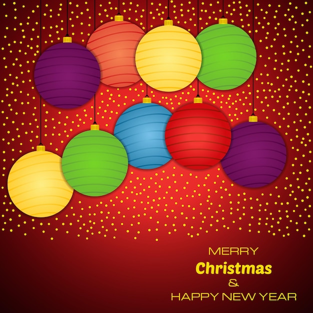 Merry christmas and happy new year red background with nine colorful christmas balls. vector background  for your greeting cards, invitations, festive posters.