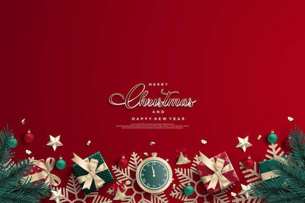 С рождеством и новым годом красный постер с подарочной коробкой и элементами рождественского декора