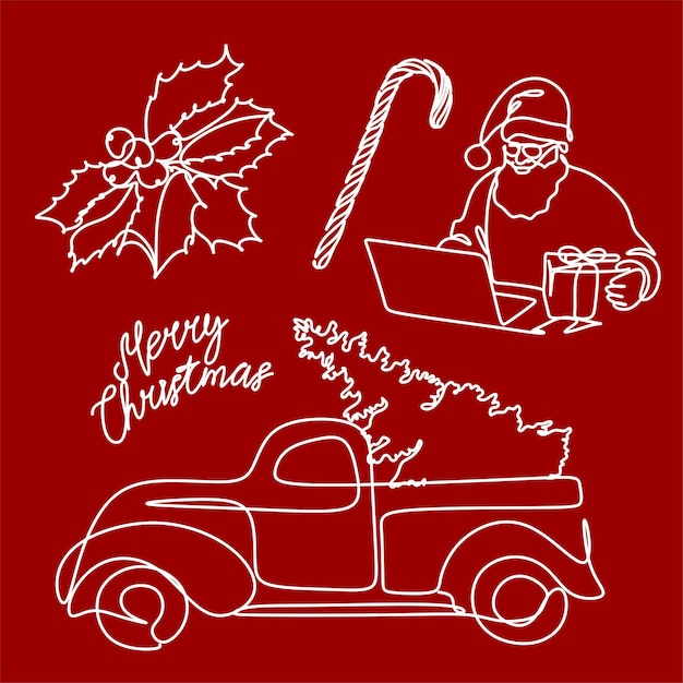 Vettore buon natale e felice anno nuovo autocarro rosso con albero di natale line art poster moderno volantino per le vacanze opuscolo illustrazione vettoriale invernale