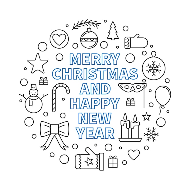 Merry christmas and happy new year round outline illustration