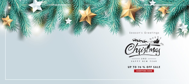 Merry Christmas and happy New Year sale background  with Realistic tree Branches