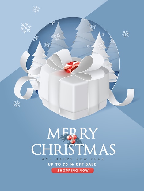 Merry christmas and happy new year sale banner background with gift box paper art and craft style.