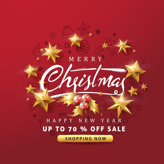 Merry christmas and happy new year sale banner background with golden stars