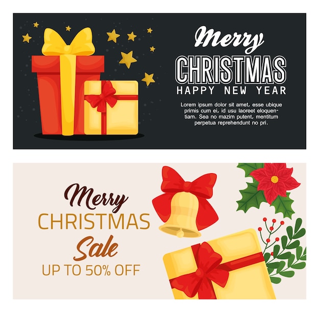 Merry christmas happy new year sale and gifts design, winter season and decoration