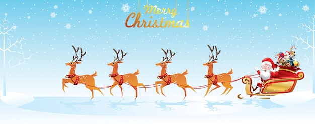 メリークリスマスと新年あけましておめでとうございます。サンタクロースは袋でトナカイのそりを乗っています