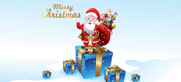 Merry christmas and happy new year.santa claus is waving with a sack of gifts