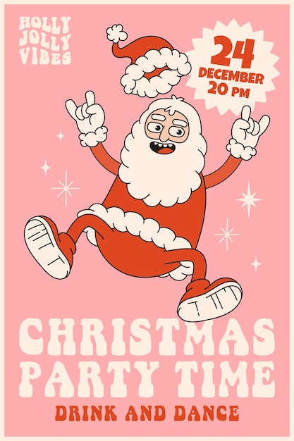 Merry Christmas and Happy New year Santa Claus party time in trendy retro cartoon style