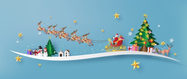 Merry Christmas and Happy New Year, Santa Claus on the sky coming to City ,paper art and  paper cut style