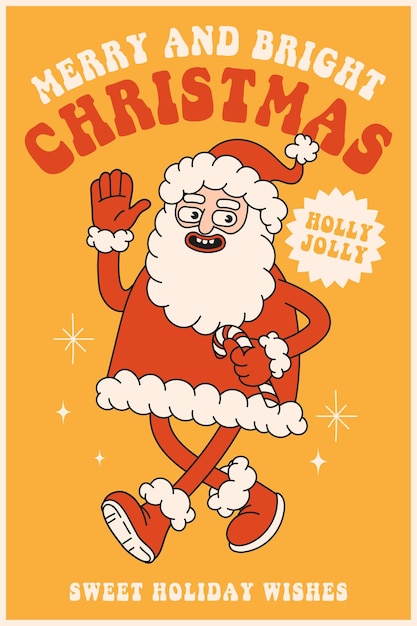 Merry Christmas and Happy New year Santa Claus in trendy retro cartoon style