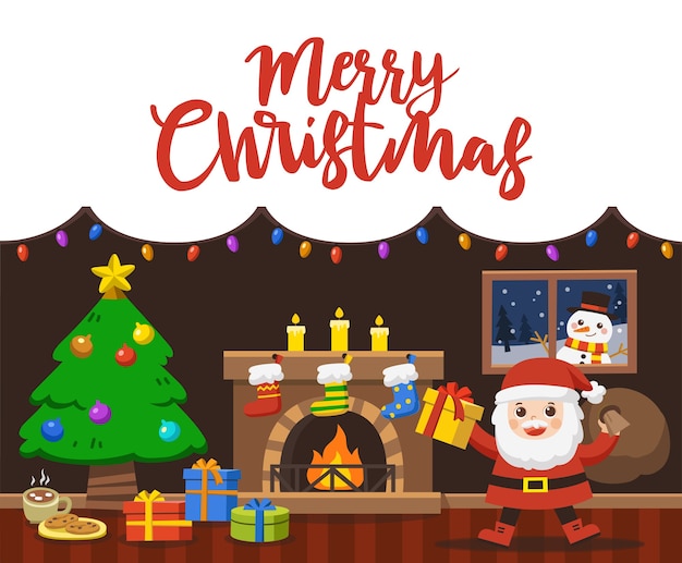 Merry christmas and happy new year. santa hand holding christmas gift box in decorated living room winter holidays.