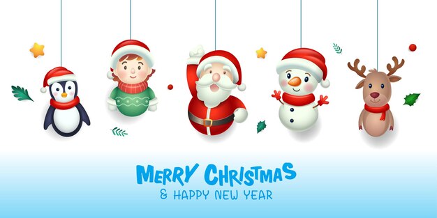 メリークリスマスと新年あけましておめでとうございますサンタ雪だるまとトナカイのベクトル