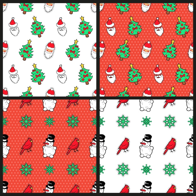 Vector merry christmas and happy new year seamless pattern set with christmas tree snowman birds and santa claus. winter holidays wrapping paper.  background