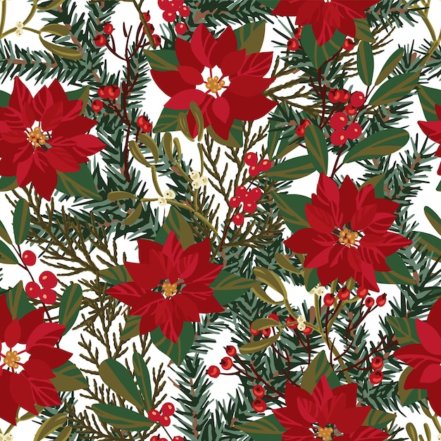 Vector merry christmas and happy new year seamless pattern with christmas tree, thuja, red berries