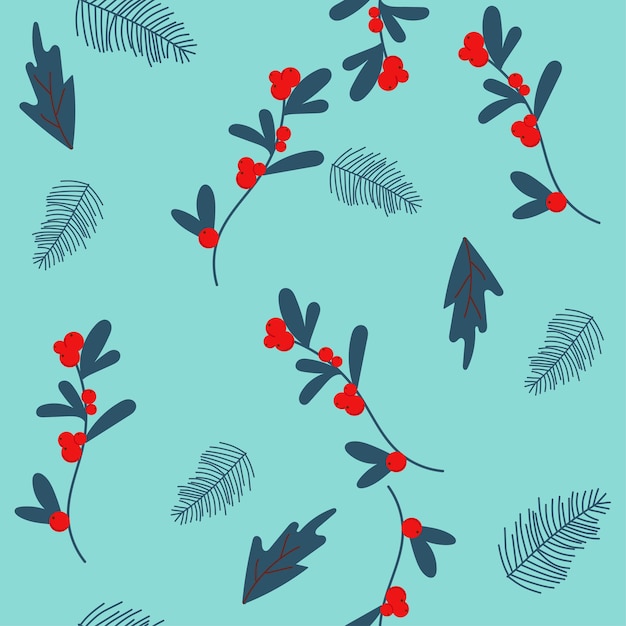 Merry Christmas, Happy New Year seamless pattern with fir cone, holly leaves and berries for greetin