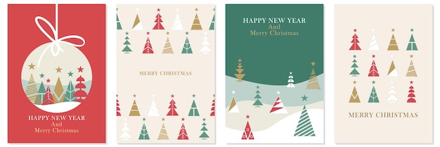 Merry Christmas and Happy New Year Set of greeting cards posters holiday covers Modern Xmas design with triangle firs pattern in green red white colors Christmas tree ball decoration elements