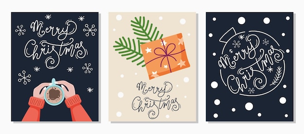 Merry Christmas and Happy New Year Set of greeting cards posters holiday covers