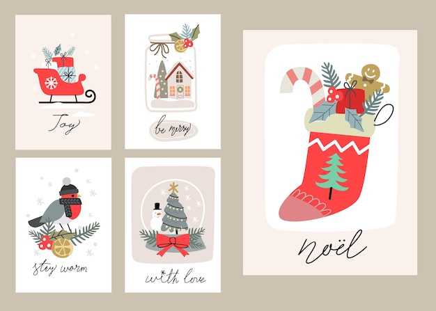 Vector merry christmas and happy new year set greeting cards with hand calligraphy.