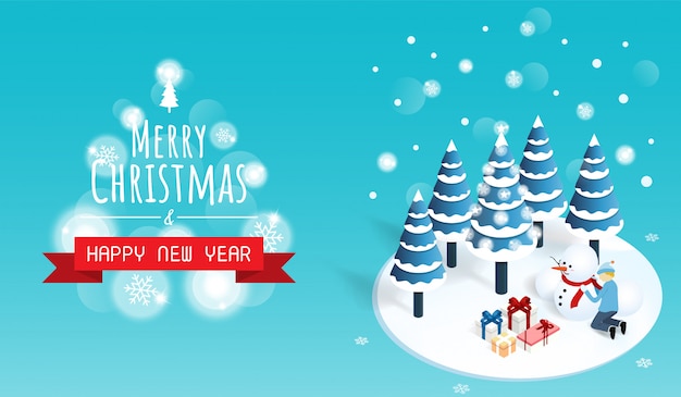 Vector merry christmas and happy new year snow forest background