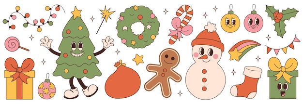 Merry Christmas and Happy New year Sticker pack of cartoon characters and elements