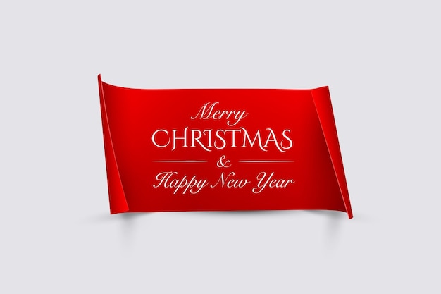 회색 배경에 격리된 곡선 가장자리가 있는 빨간 종이에 메리 크리스마스와 새해 복 많이 받으세요