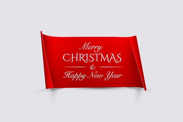 Merry christmas and happy new year text on red paper with curved edges isolated on gray background