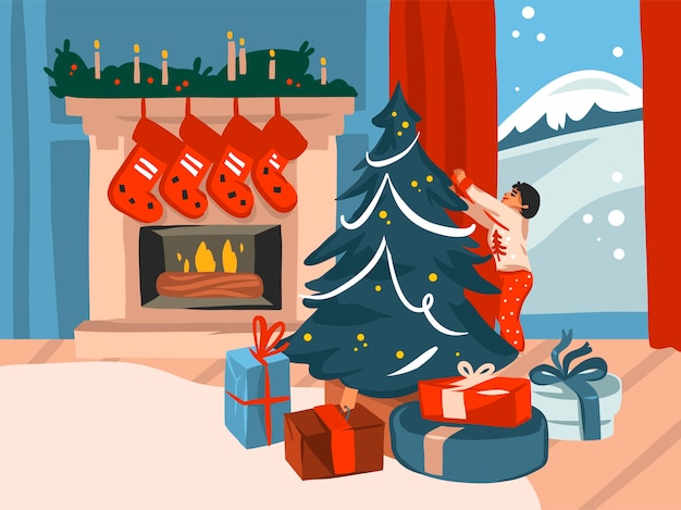 Merry christmas and happy new year time cartoon illustration