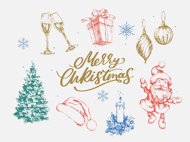 Merry christmas happy new year typography set vector logo emblems text design usable for banners gre