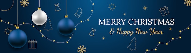 Merry Christmas and Happy New Year vector banner Realistic rose gold and blue baubles snowflakes h