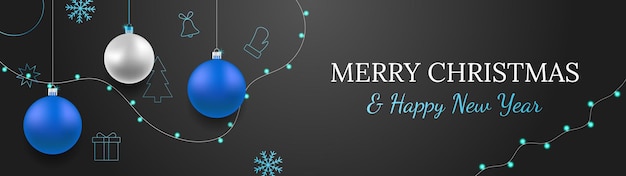 Merry Christmas and Happy New Year vector banner Realistic rose silver and blue baubles snowflakes hanging on dark background with realistic garland Background with gold Christmas icon