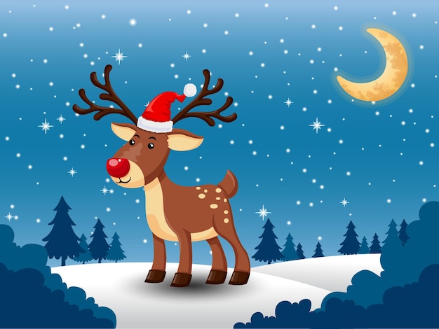 Merry Christmas and happy new year. Vector greeting card with cute little deer a red nose. snow with on the background. decorative element on holiday.