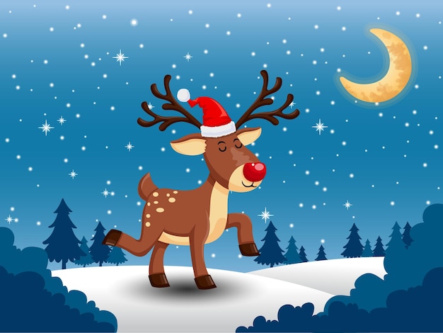 Merry Christmas and happy new year. Vector greeting card with cute little deer a red nose. snow with on the background. decorative element on holiday.