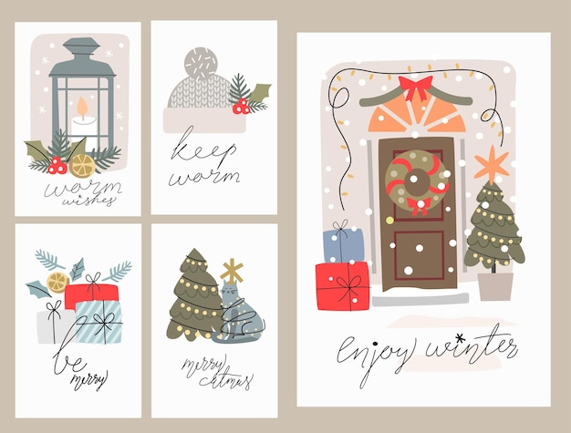 Vector merry christmas and happy new year vector set greeting cards with hand calligraphy.