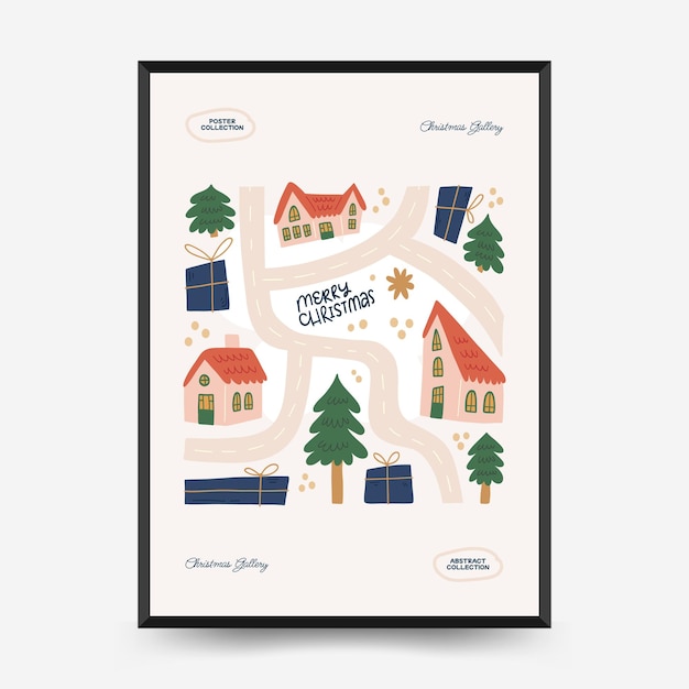 Merry Christmas and Happy New Year vertical flyer or poster template Modern trendy Matisse style