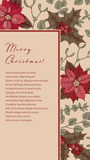 Merry Christmas and Happy New Year vertical greeting card with hand drawn poinsettia flower and mistletoe brunch Social media stories template Vector illustration in sketch style