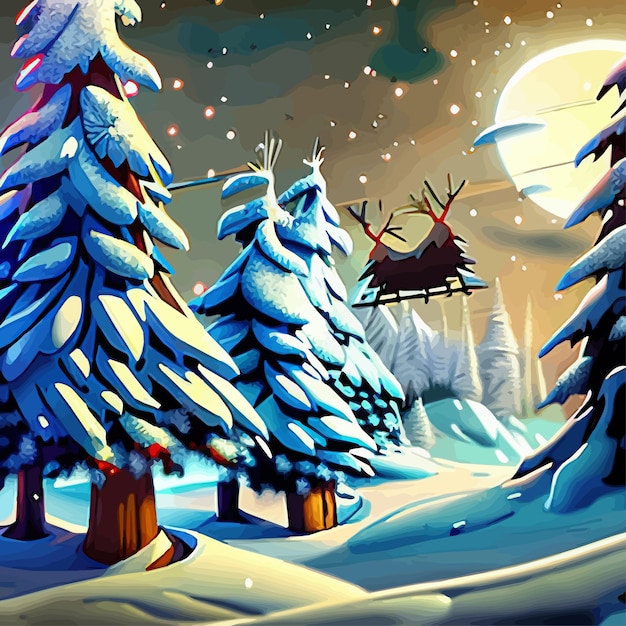 メリークリスマスと新年あけましておめでとうございます冬の森の街路と雪のフレームに家があり、