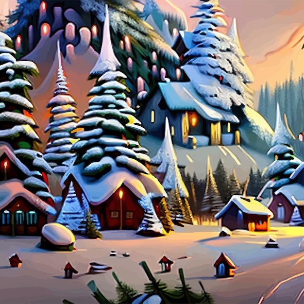 Merry christmas and happy new year winter forest city street with houses in the snow frame and