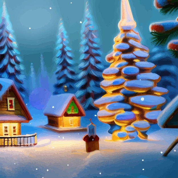 Merry christmas and happy new year winter forest city street with houses in the snow frame and