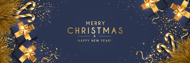 Merry Christmas and Happy New Year Winter holiday December Flying golden confetti Golden luxury